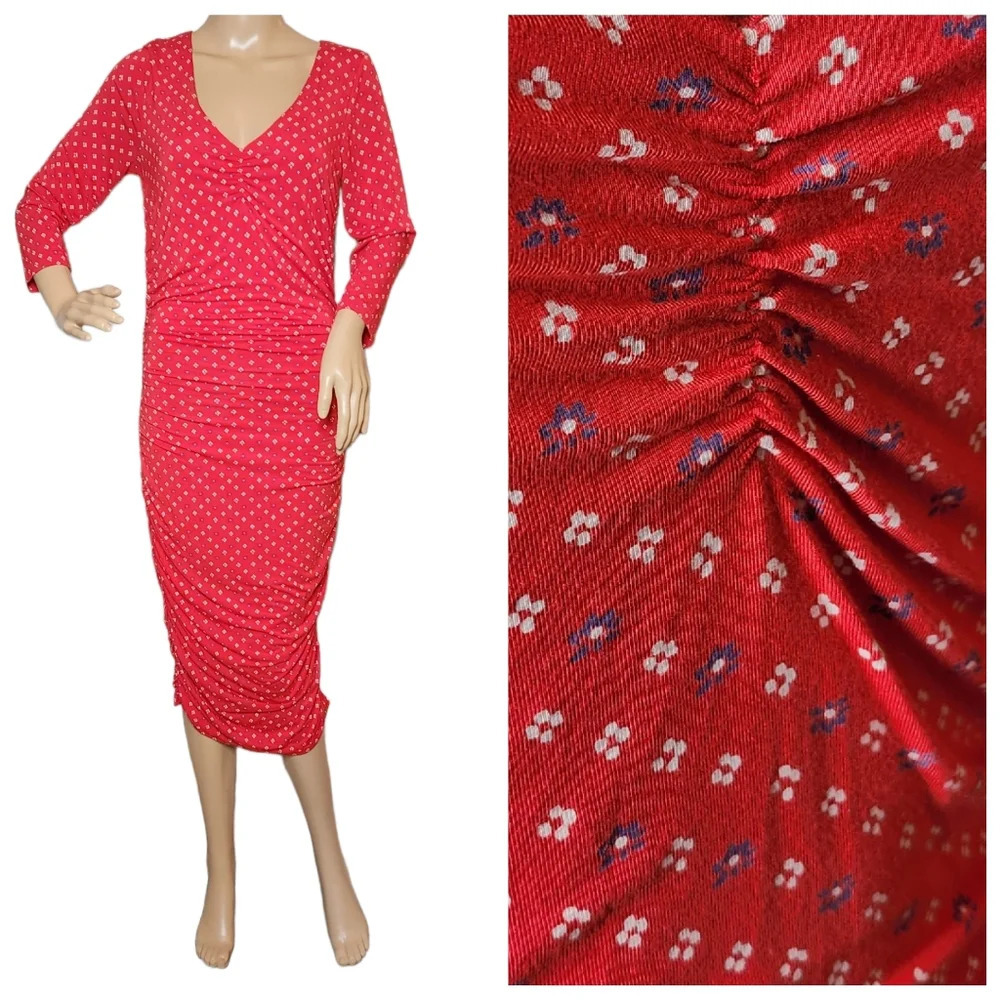 Anthropologie Moulinette Soeurs Stretch Jersey Midi Red Floral Ruched Midi Dress